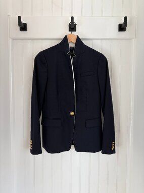 J.Crew Regent Blazer Navy Wool Stand Collar Gold Crest Buttons Sz 2 Blazer